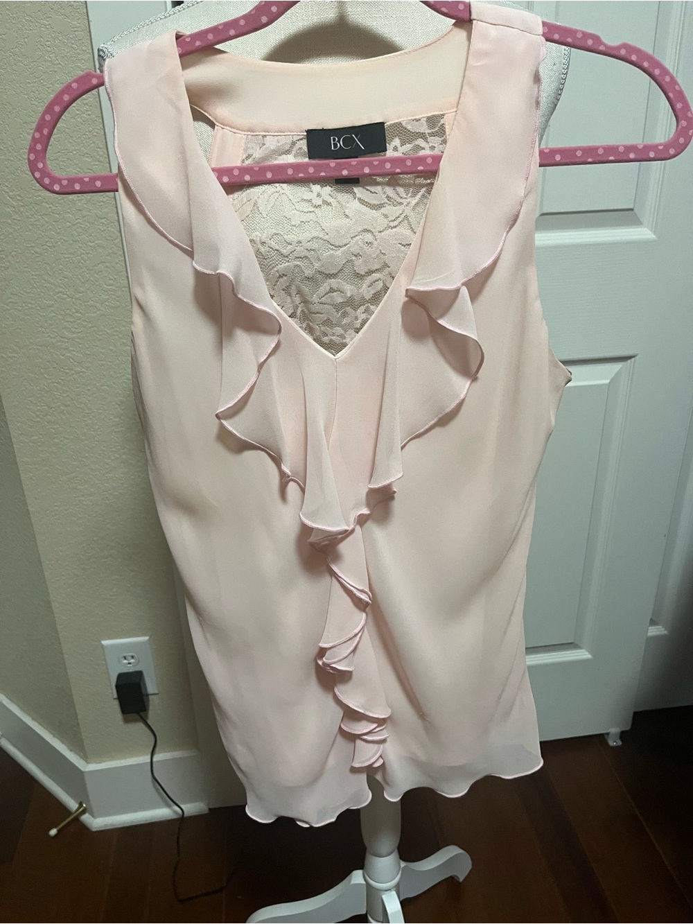 BCX Pale Pink Ruffled V-Neck Lace-Back Camisole